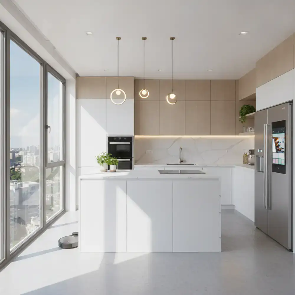 A modern, sunlit kitchen featuring smart appliances in a contemporary Dhaka apartment