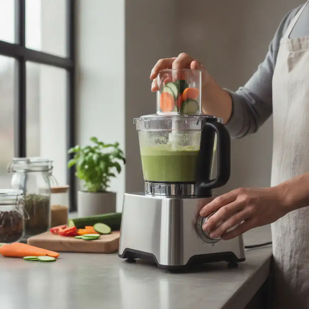 A person seamlessly preparing a meal using a modern food processor