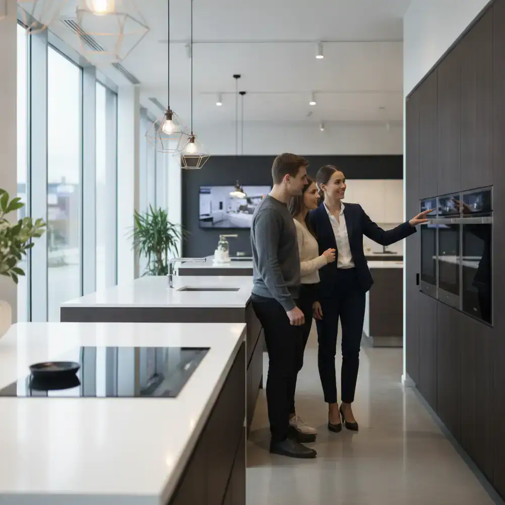 Customer support specialist assisting clients in a modern kitchen showroom