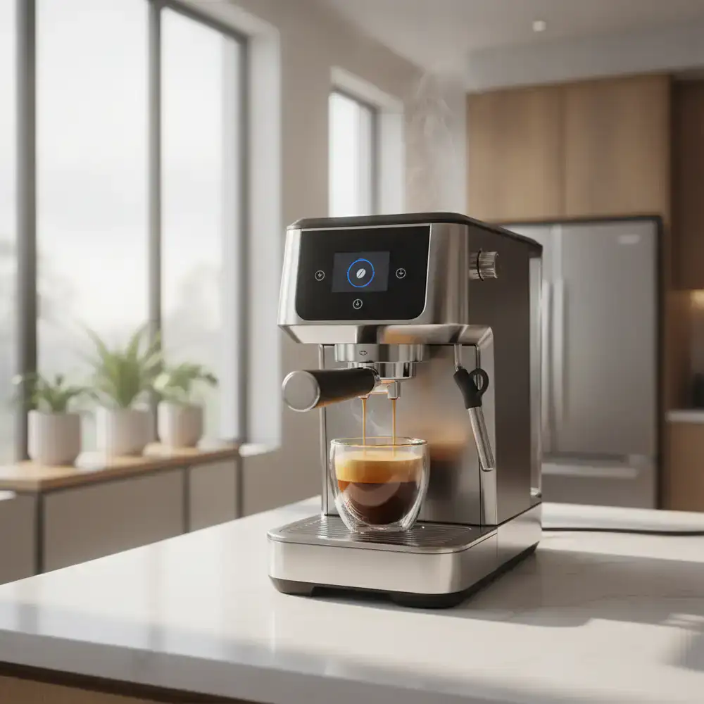 Smart espresso machine preparing morning coffee
